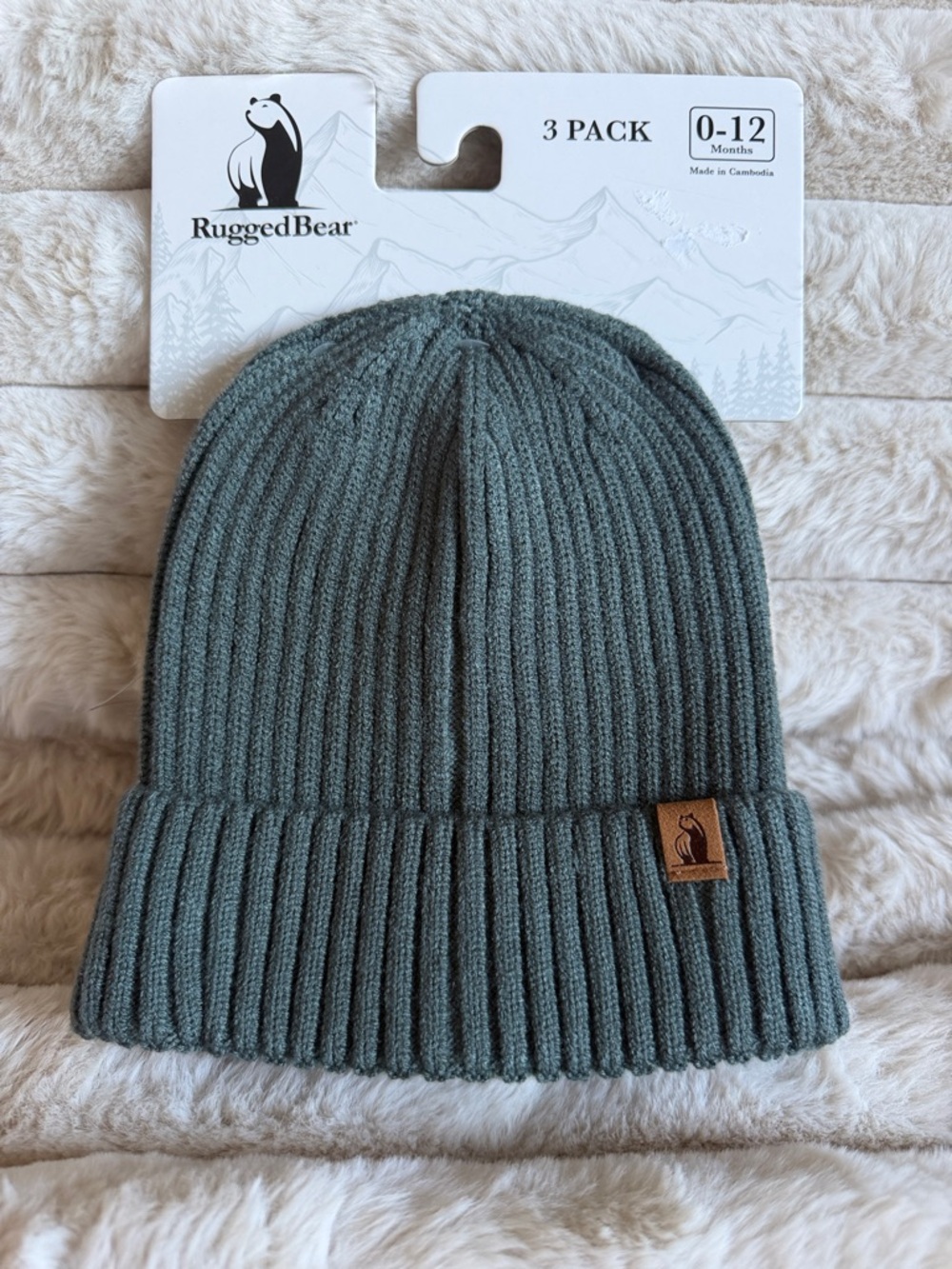 Rugged Bear Baby Hats Ribbed Teal Green Beige & Gray 0-12 Months NEW!